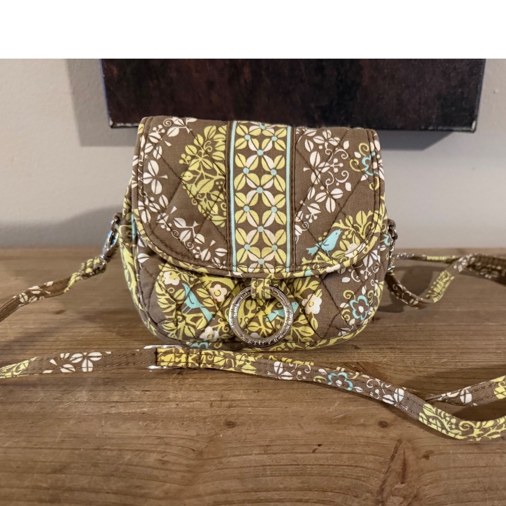 Vera Bradley Night Owl Quilted Cotton Mini Crossbody Bag Brown Green Floral Bird